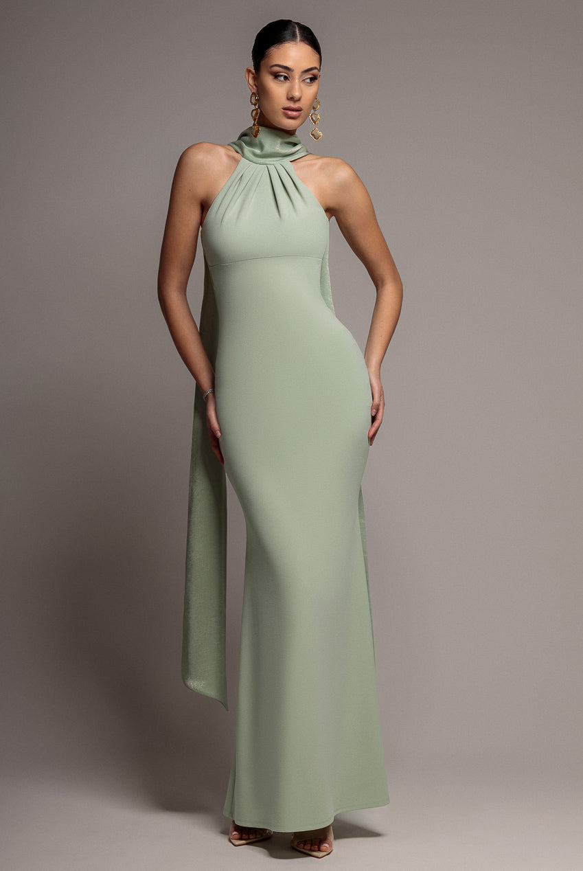 Goddiva Scuba & Velvet Satin Halterneck Maxi Dress With Back Sash - Sage Green