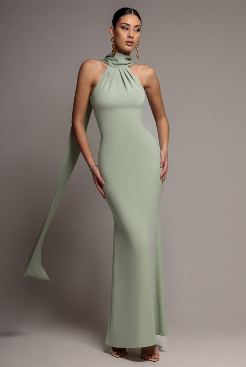 Goddiva Scuba & Velvet Satin Cape Sleeve Halterneck Maxi Dress - Sage Green