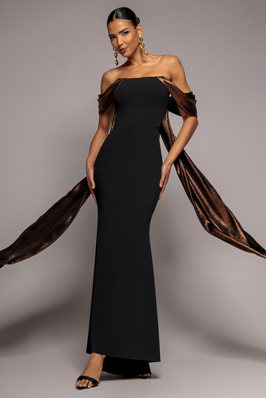 Goddiva Off The Shoulder Mirror Foil Angel Wing Cape Maxi Dress - Black
