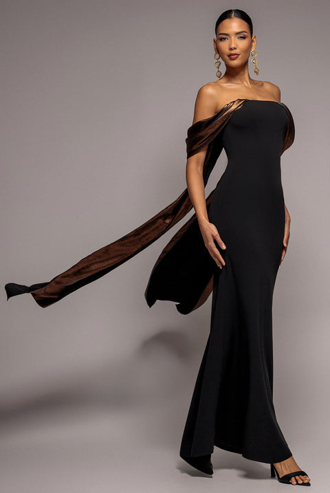 Goddiva Off The Shoulder Mirror Foil Angel Wing Cape Maxi Dress - Black