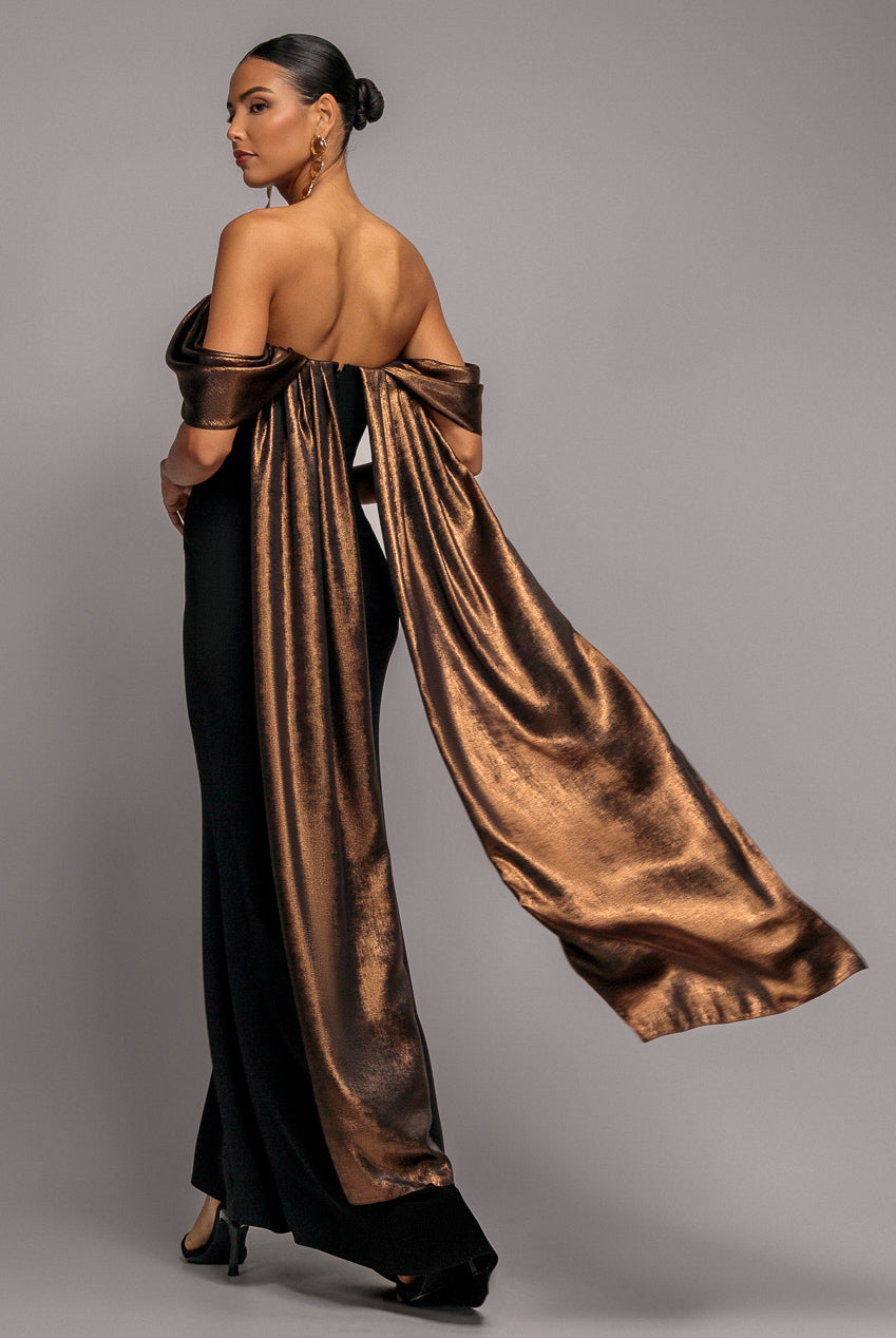 Goddiva Off The Shoulder Mirror Foil Angel Wing Cape Maxi Dress - Black