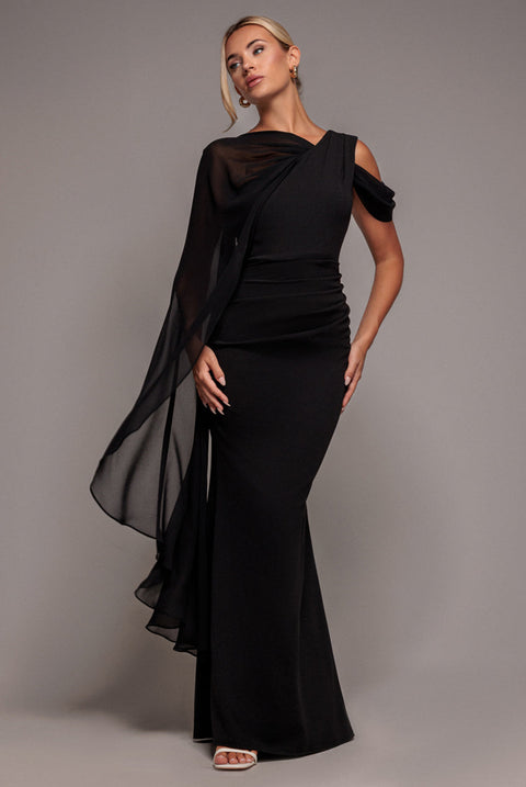 Goddiva One Shoulder Chiffon Cape Crepe Maxi Dress - Black