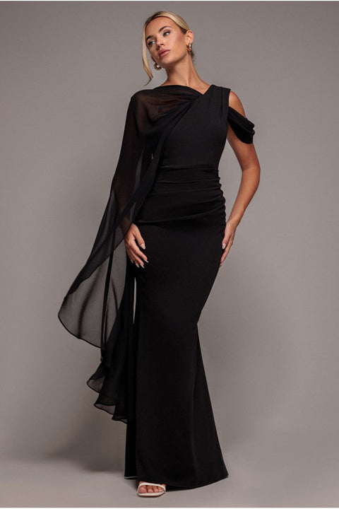 Goddiva One Shoulder Chiffon Cape Crepe Maxi Dress - Black