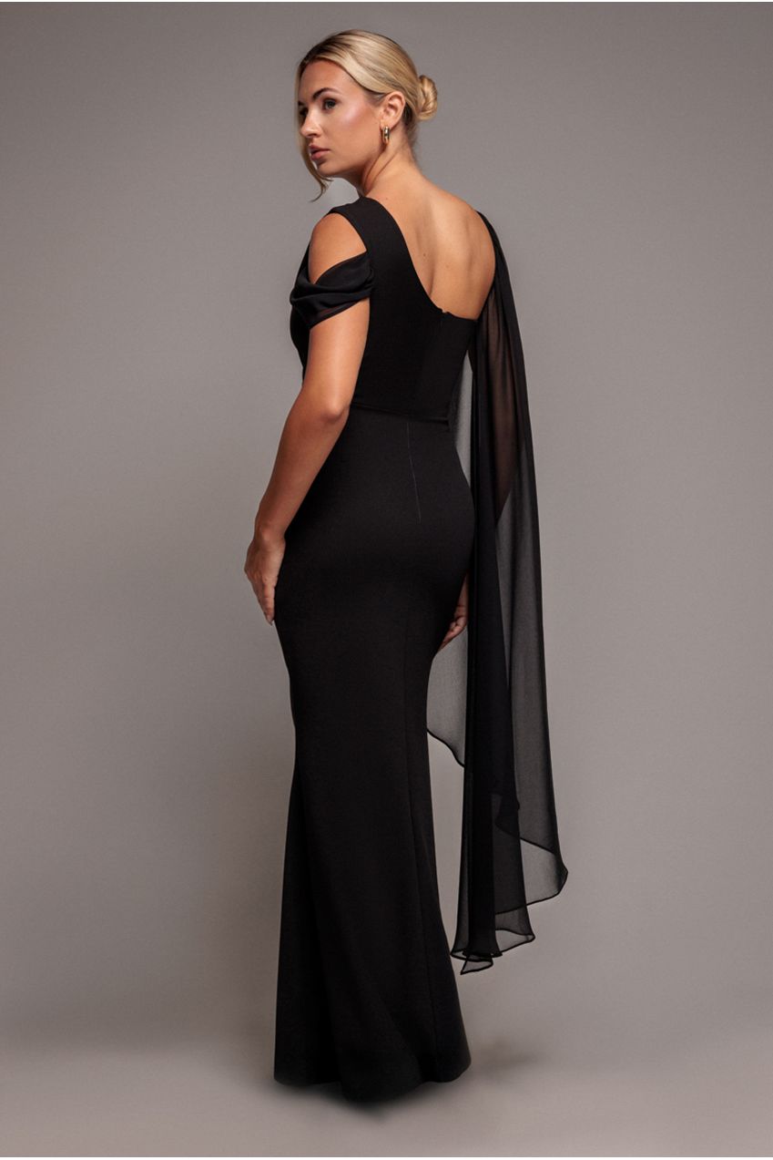 Goddiva One Shoulder Chiffon Cape Crepe Maxi Dress - Black
