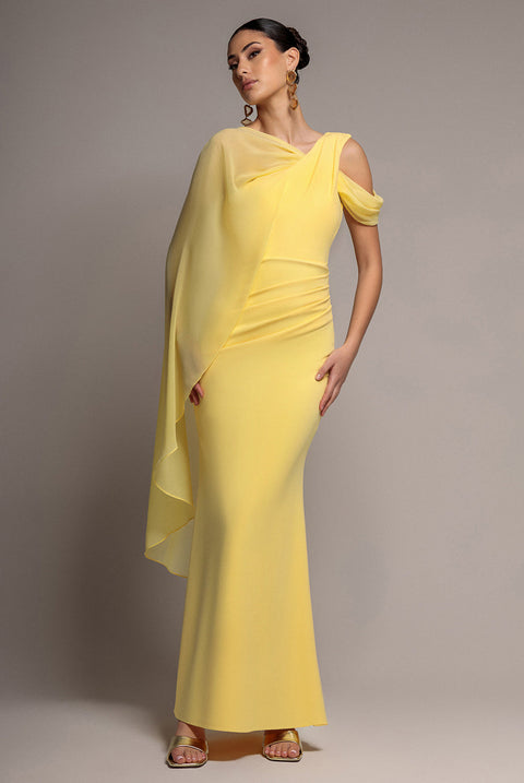 Goddiva One Shoulder Chiffon Cape Crepe Maxi Dress - Butter Yellow