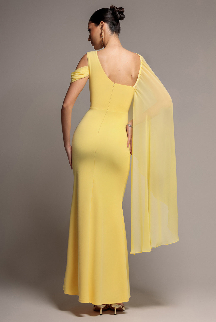 Goddiva One Shoulder Chiffon Cape Crepe Maxi Dress - Butter Yellow