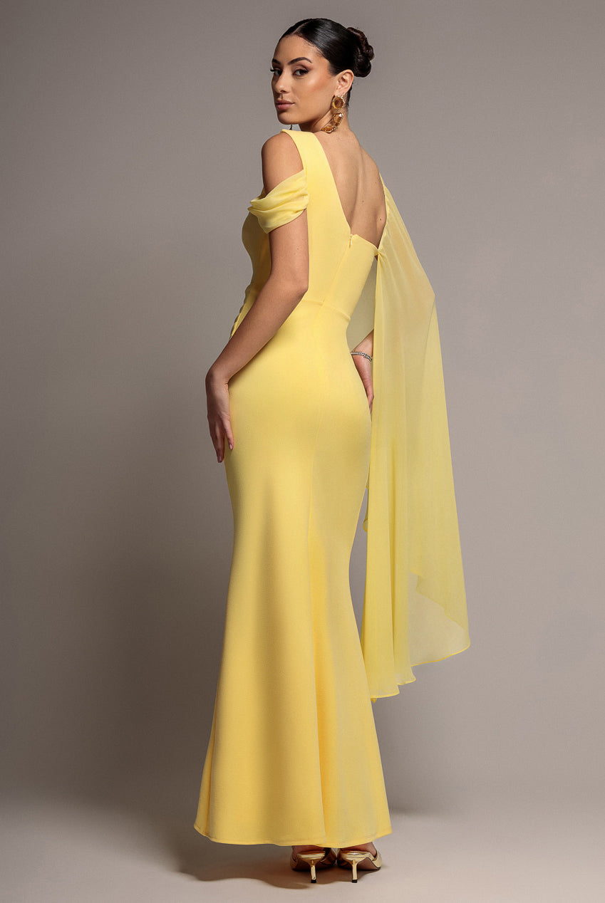 Goddiva One Shoulder Chiffon Cape Crepe Maxi Dress - Butter Yellow
