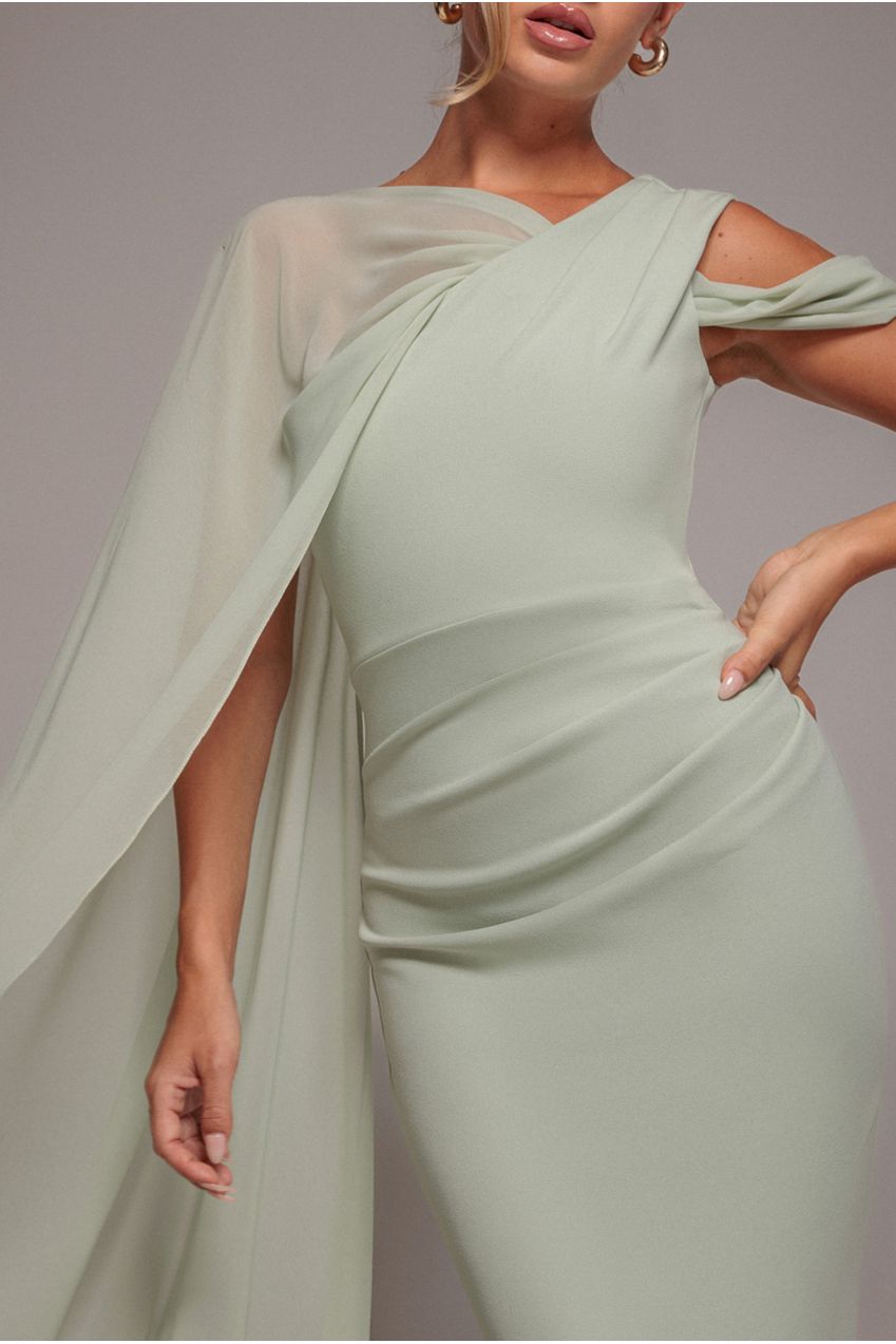 Goddiva One Shoulder Chiffon Cape Crepe Maxi Dress - Sage Green