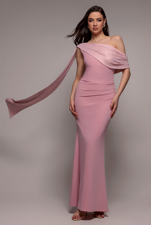 Goddiva Lurex Pleated Bardot One Shoulder Cape Maxi Dress - Blush Pink
