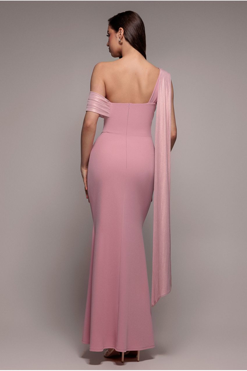 Goddiva Lurex Pleated Bardot One Shoulder Cape Maxi Dress - Blush Pink