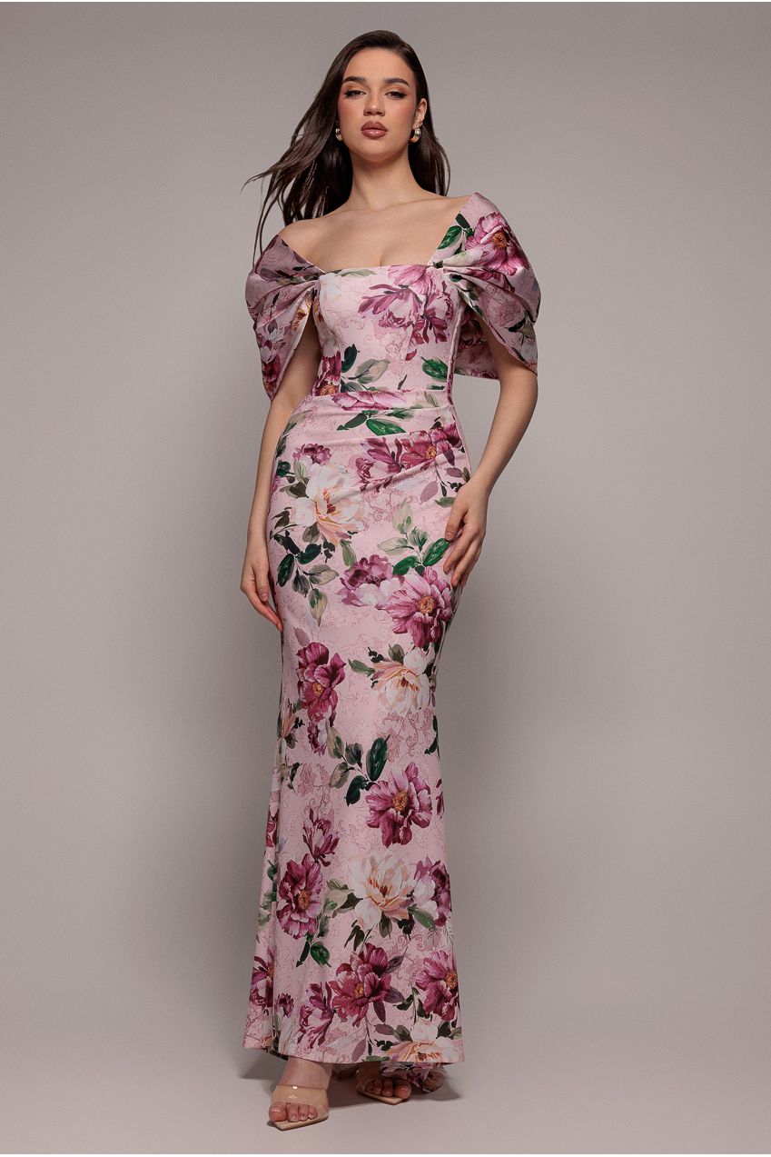 Goddiva Off Shoulder Floral Bow Back Maxi Dress - Blush Pink