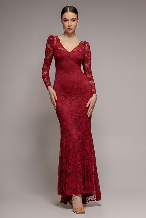 Goddiva Fit & Flare Scallop Lace V Neck Maxi Dress - Burgundy