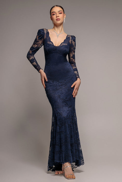 Goddiva Fit & Flare Scallop Lace V Neck Maxi Dress - Navy Blue
