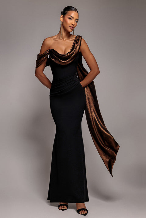 Goddiva Foil Chiffon Cowl One Shoulder Cape Maxi Dress - Black Bronze