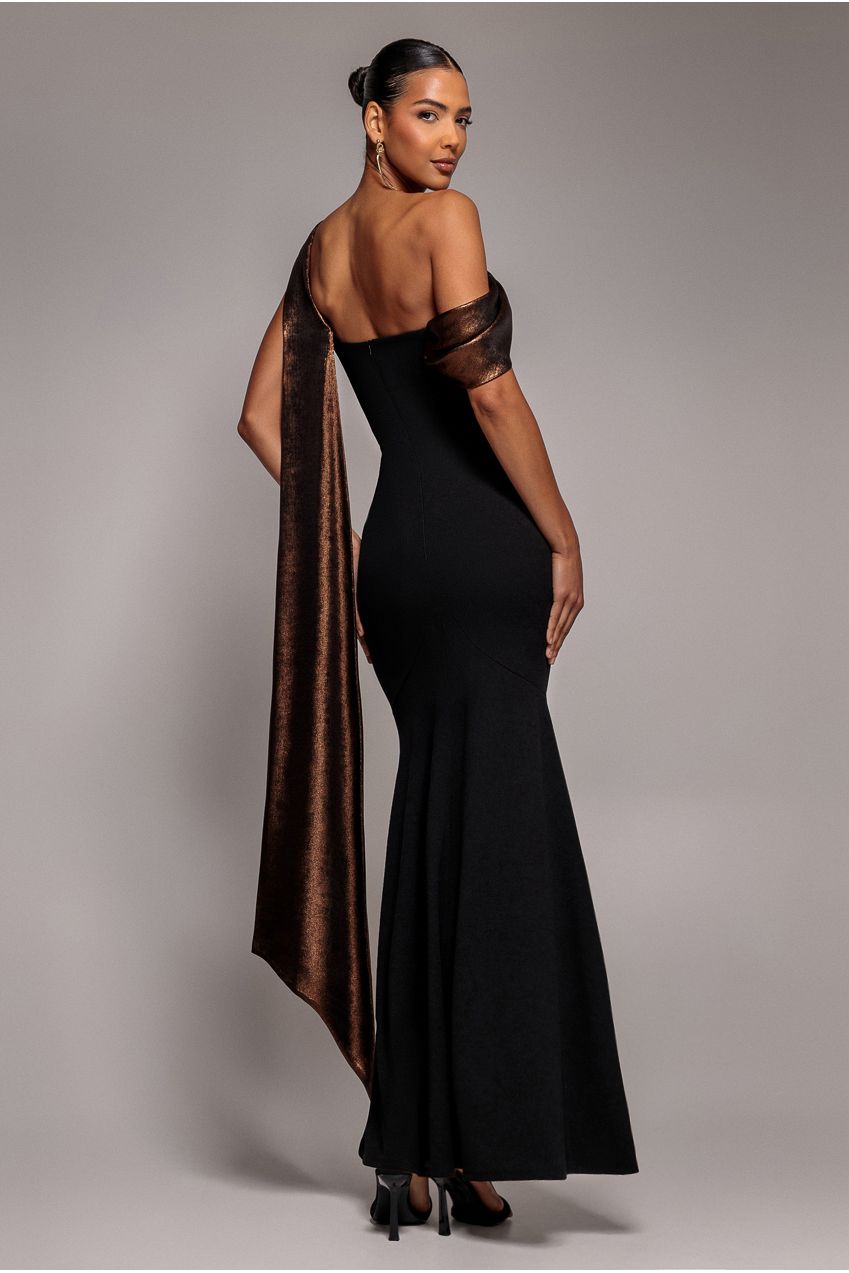 Goddiva Foil Chiffon Cowl One Shoulder Cape Maxi Dress - Black Bronze