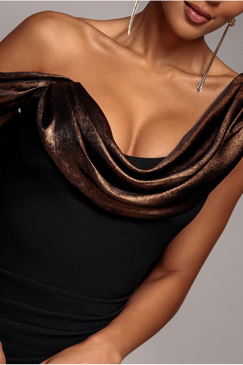Goddiva Foil Chiffon Cowl One Shoulder Cape Maxi Dress - Black Bronze