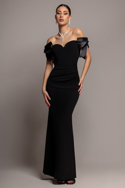 Goddiva Satin Bow Bardot Sheath Maxi Dress - Black