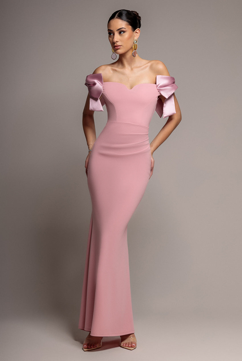 Goddiva Satin Bow Bardot Sheath Maxi Dress - Blush Pink