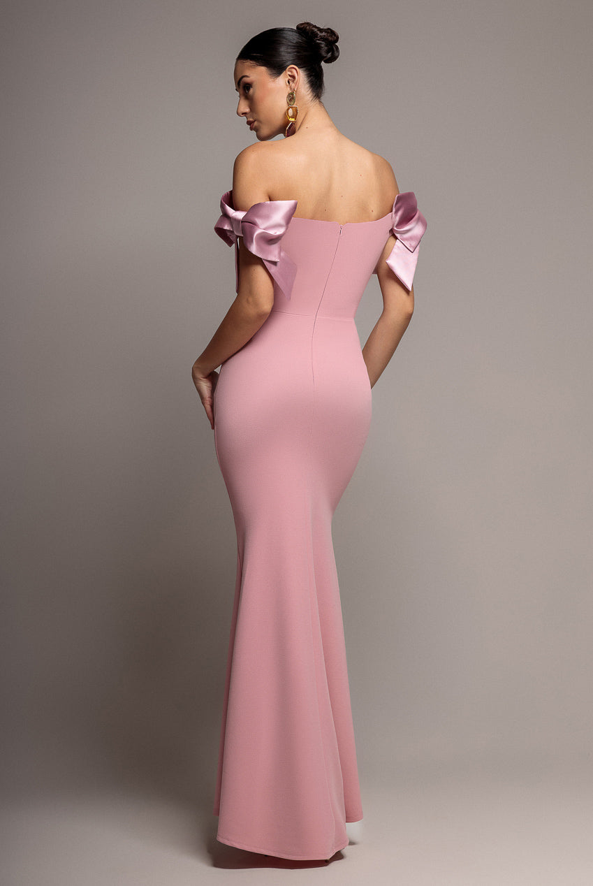 Goddiva Satin Bow Bardot Sheath Maxi Dress - Blush Pink
