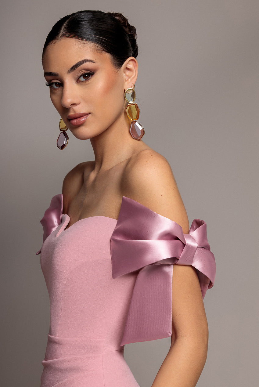 Goddiva Satin Bow Bardot Sheath Maxi Dress - Blush Pink