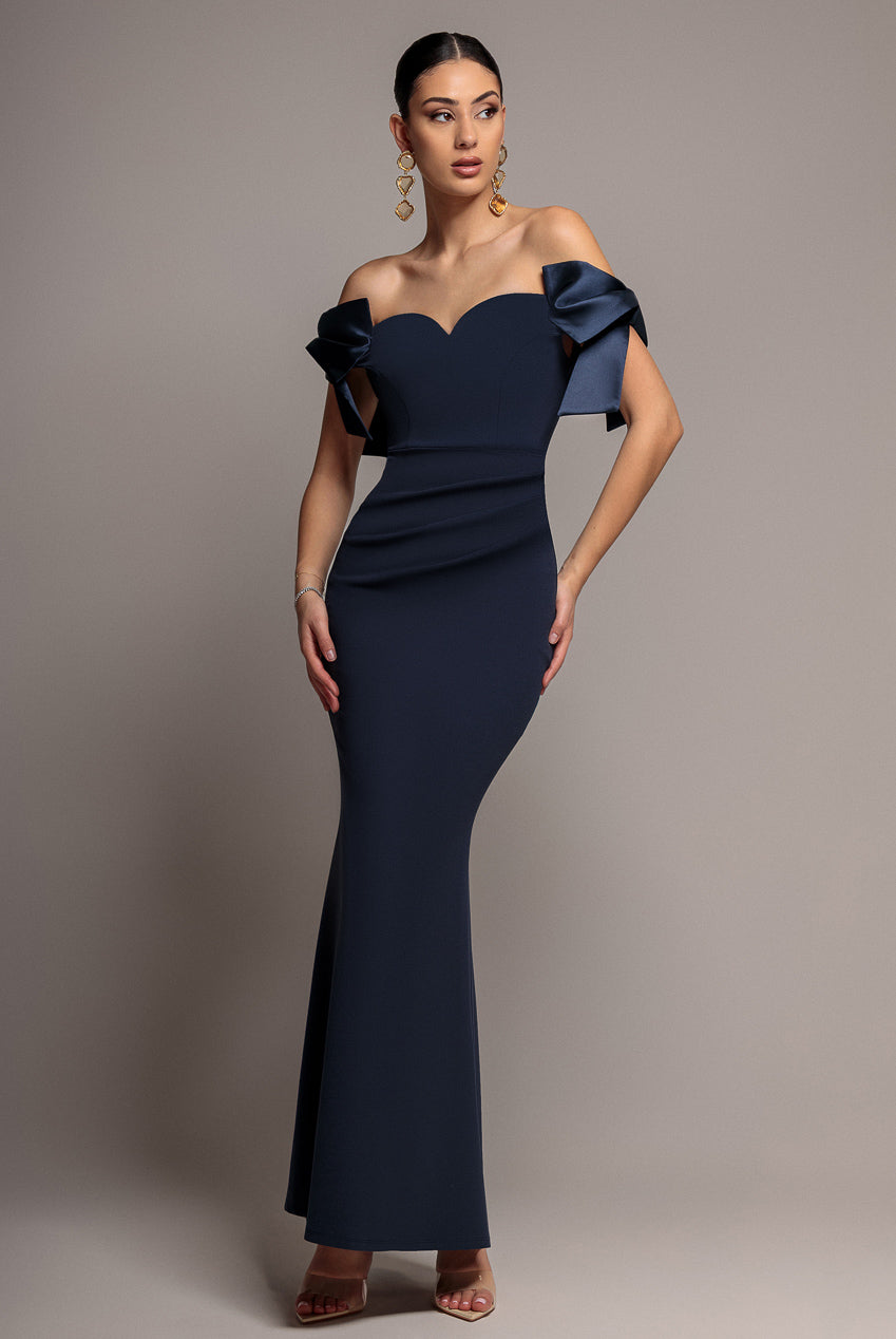 Goddiva Satin Bow Bardot Sheath Maxi Dress - Navy Blue