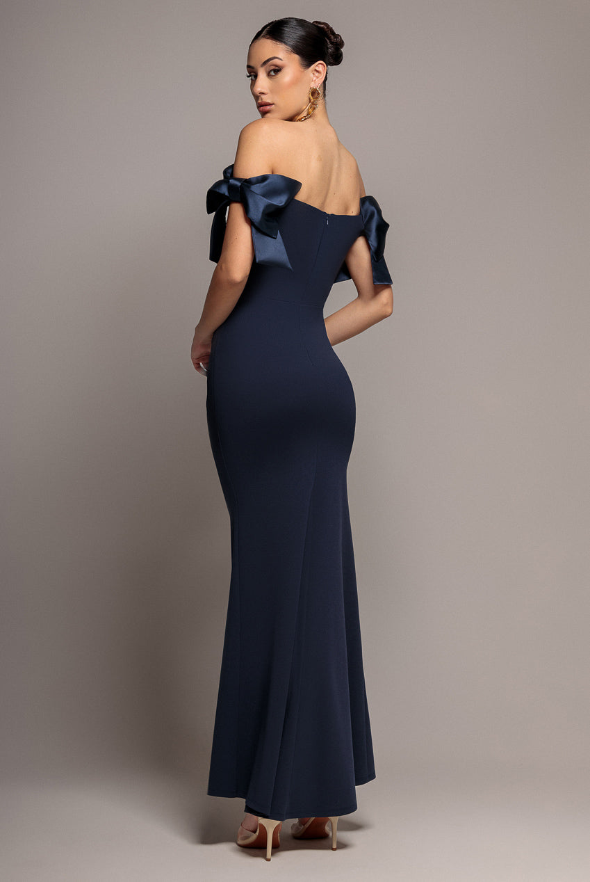 Goddiva Satin Bow Bardot Sheath Maxi Dress - Navy Blue
