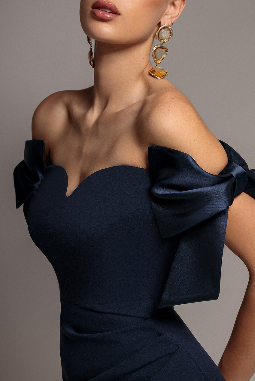 Goddiva Satin Bow Bardot Sheath Maxi Dress - Navy Blue