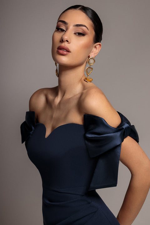 Goddiva Satin Bow Bardot Sheath Maxi Dress - Navy Blue