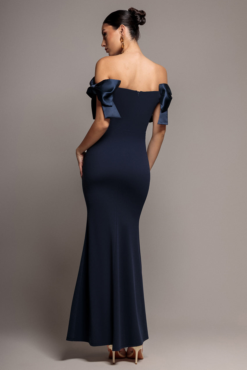 Goddiva Satin Bow Bardot Sheath Maxi Dress - Navy Blue