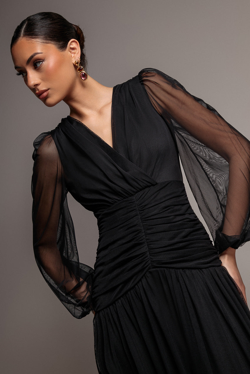 Goddiva Gathered Long Balloon Sleeve A-Line Mesh Maxi Dress - Black
