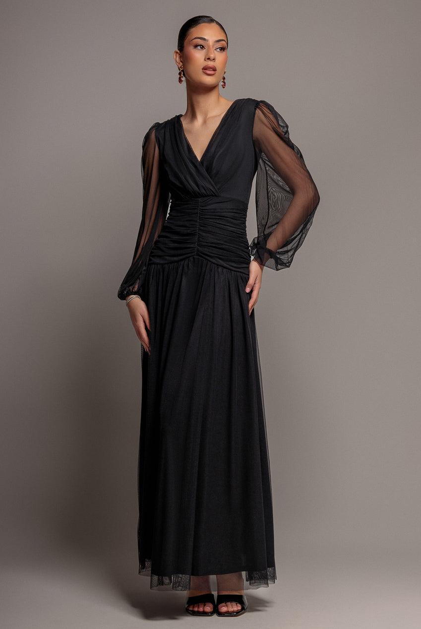 Goddiva Gathered Long Balloon Sleeve A-Line Mesh Maxi Dress - Black