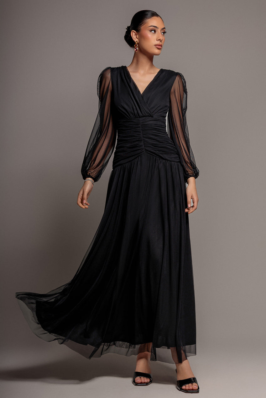 Goddiva Gathered Long Balloon Sleeve A-Line Mesh Maxi Dress - Black