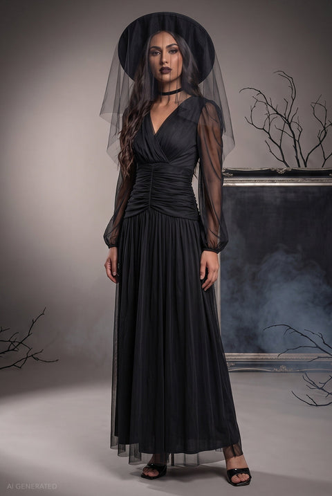 Goddiva Long Sleeve Maxi Classic Witch Halloween Costume - Black