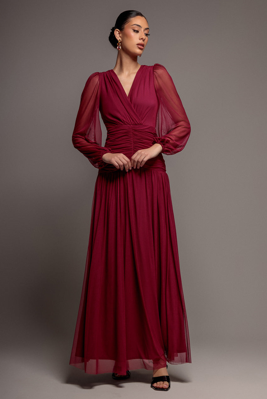 Goddiva Gathered Long Balloon Sleeve A-Line Mesh Maxi Dress - Magenta