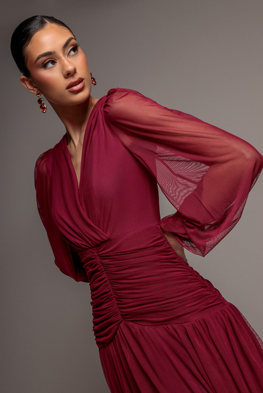 Goddiva Gathered Long Balloon Sleeve A-Line Mesh Maxi Dress - Magenta