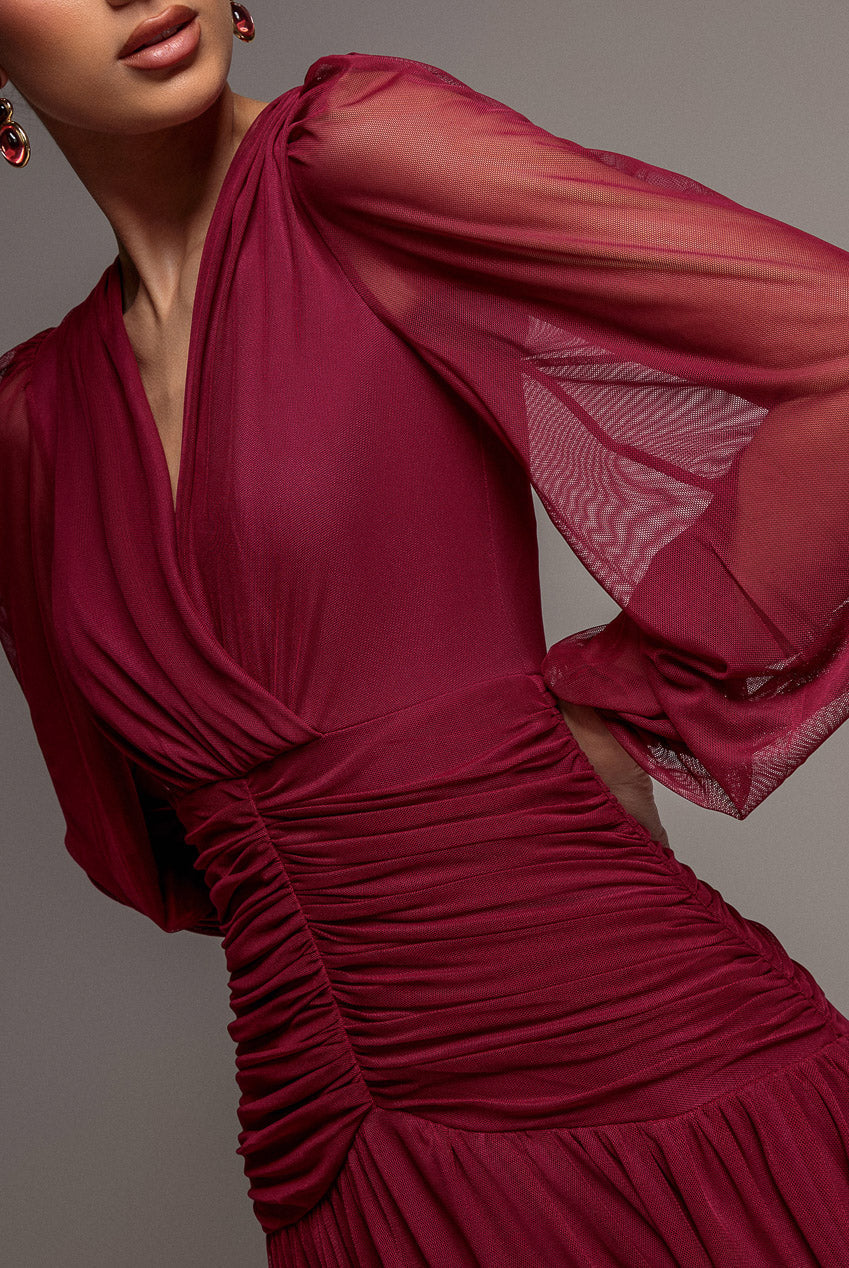 Goddiva Gathered Balloon Sleeve Mesh Maxi Dress - Magenta