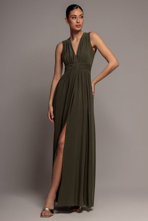 Goddiva Gathered Shoulder Wrap Neck Draped Waist Maxi Dress - Khaki