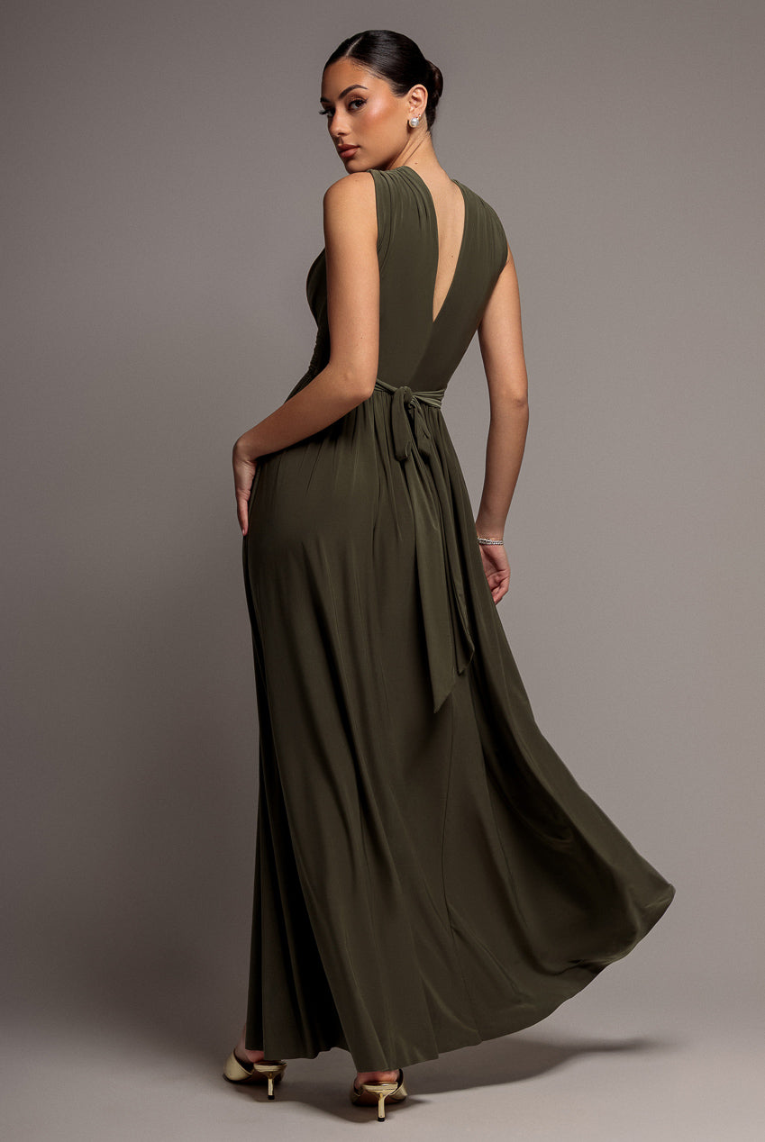 Goddiva Gathered Shoulder Wrap Neck Draped Waist Maxi Dress - Khaki