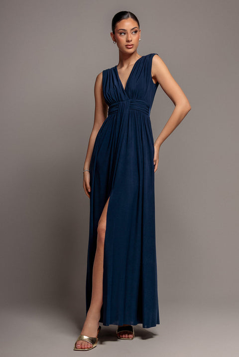 Goddiva Gathered Shoulder Wrap Neck Draped Waist Maxi Dress - Navy Blue