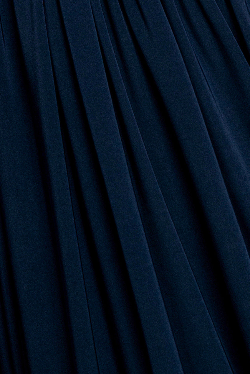 Goddiva Gathered Shoulder Wrap Neck Draped Waist Maxi Dress - Navy Blue
