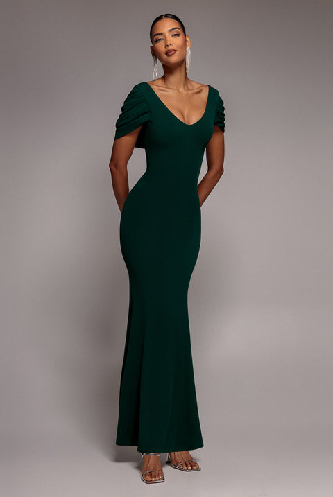 Goddiva V Neck Cowl Back Pleated Sleeve Scuba Maxi Dress - Emerald Green