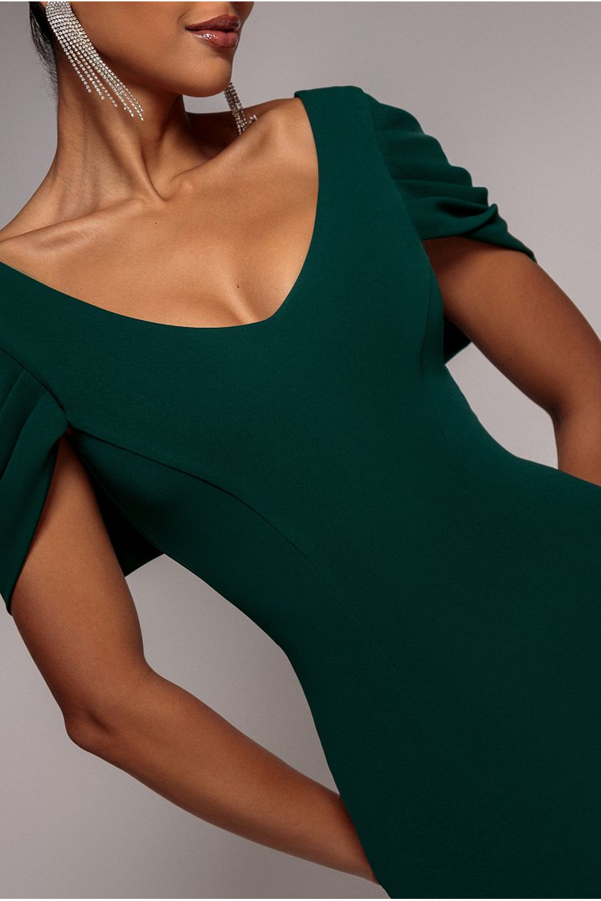 Goddiva V Neck Cowl Back Pleated Sleeve Scuba Maxi Dress - Emerald Green