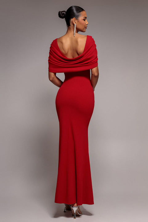 Goddiva V Neck Cowl Back Pleated Sleeve Scuba Maxi Dress - Red