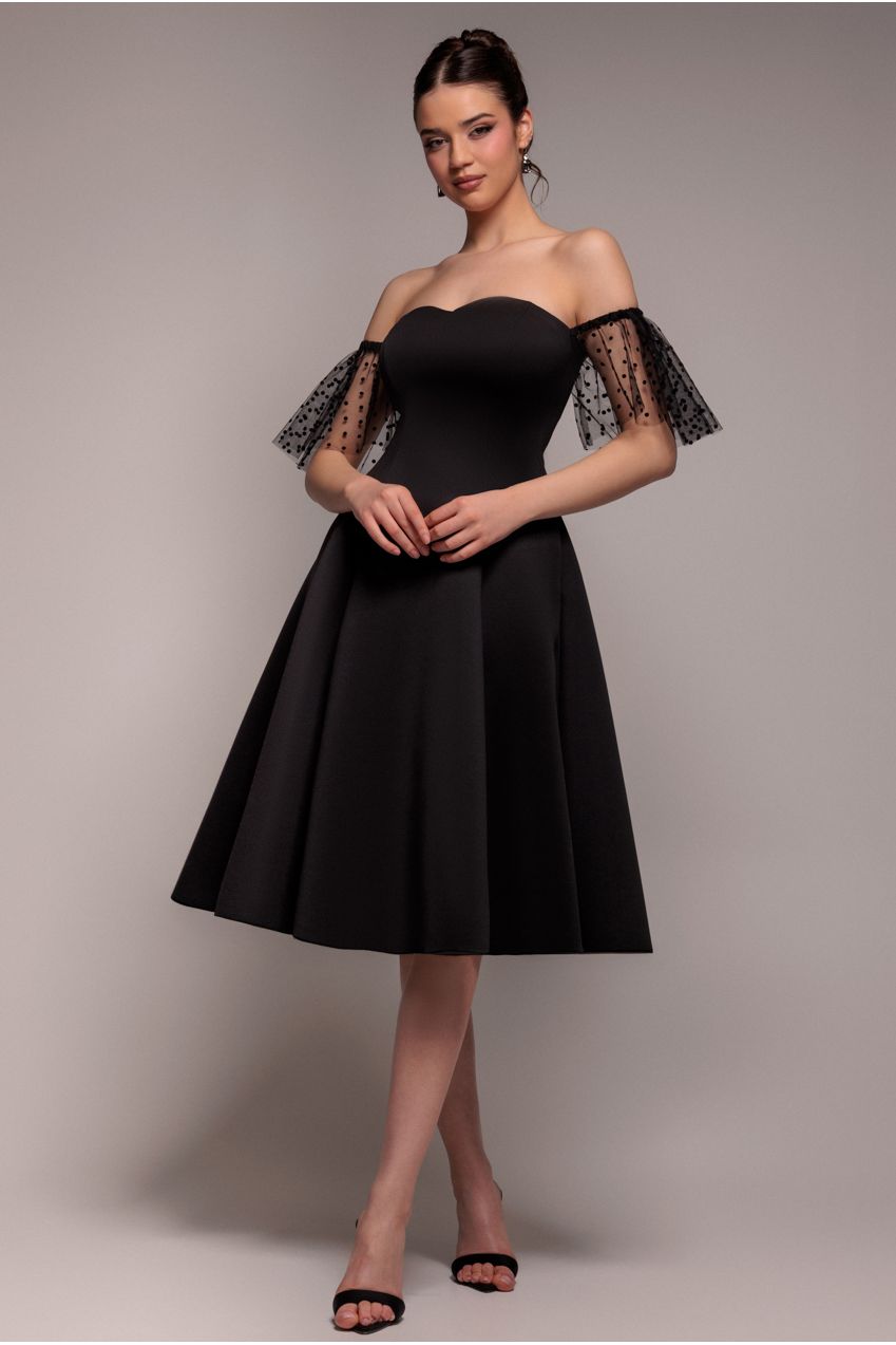 Goddiva Scuba & Polka Mesh Off The Shoulder Midi Dress - Black