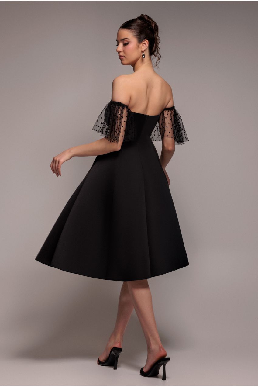 Goddiva Scuba & Polka Mesh Off The Shoulder Midi Dress - Black