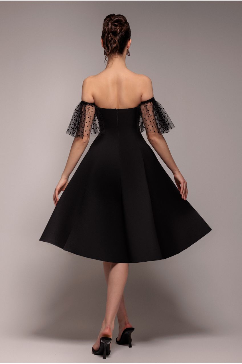 Goddiva Scuba & Polka Mesh Off The Shoulder Midi Dress - Black
