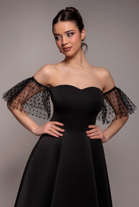 Goddiva Scuba & Polka Mesh Off The Shoulder Midi Dress - Black