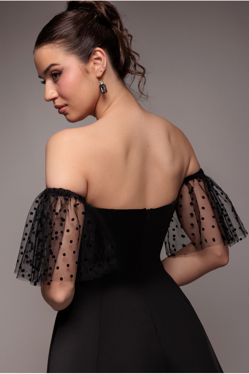 Goddiva Scuba & Polka Mesh Off The Shoulder Midi Dress - Black