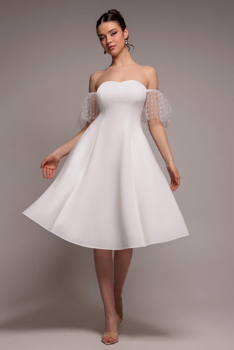 Goddiva Scuba & Polka Mesh Off The Shoulder Midi Dress - White