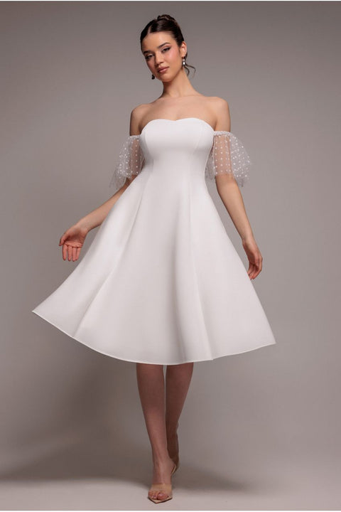 Goddiva Scuba & Polka Mesh Off The Shoulder Midi Dress - White